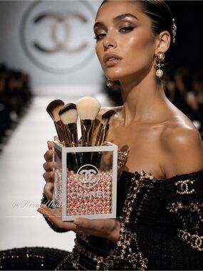 Chanel Beauty Glass Makeup Brush Holder with Faux Pink Pearls | Vanity Display